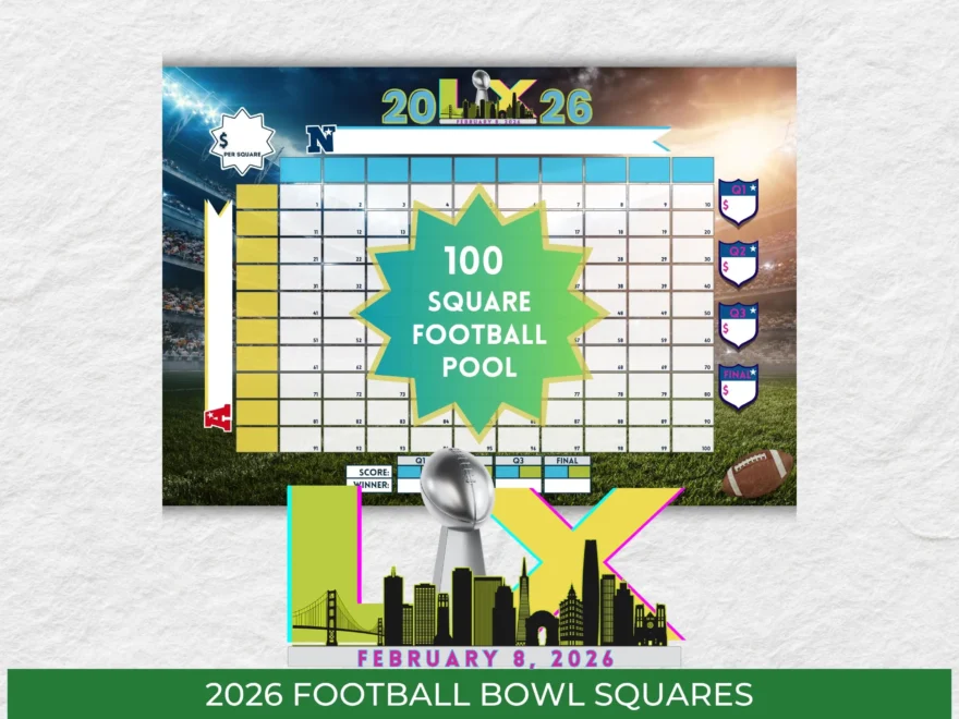 100 Super Football Bowl Squares Football Pool Grid Printable Instant Digital Download Team Fundraiser Football Bowl 2026 San Francisco Etsy