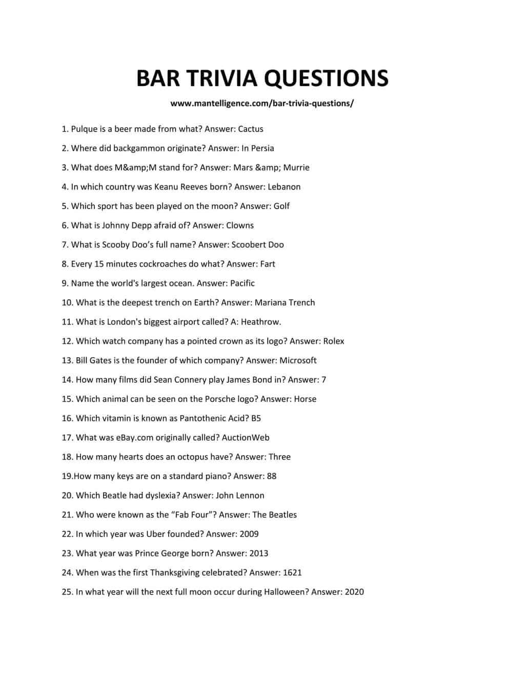 92 Bar Trivia Questions Answers Best Pub Quiz Mantelligence