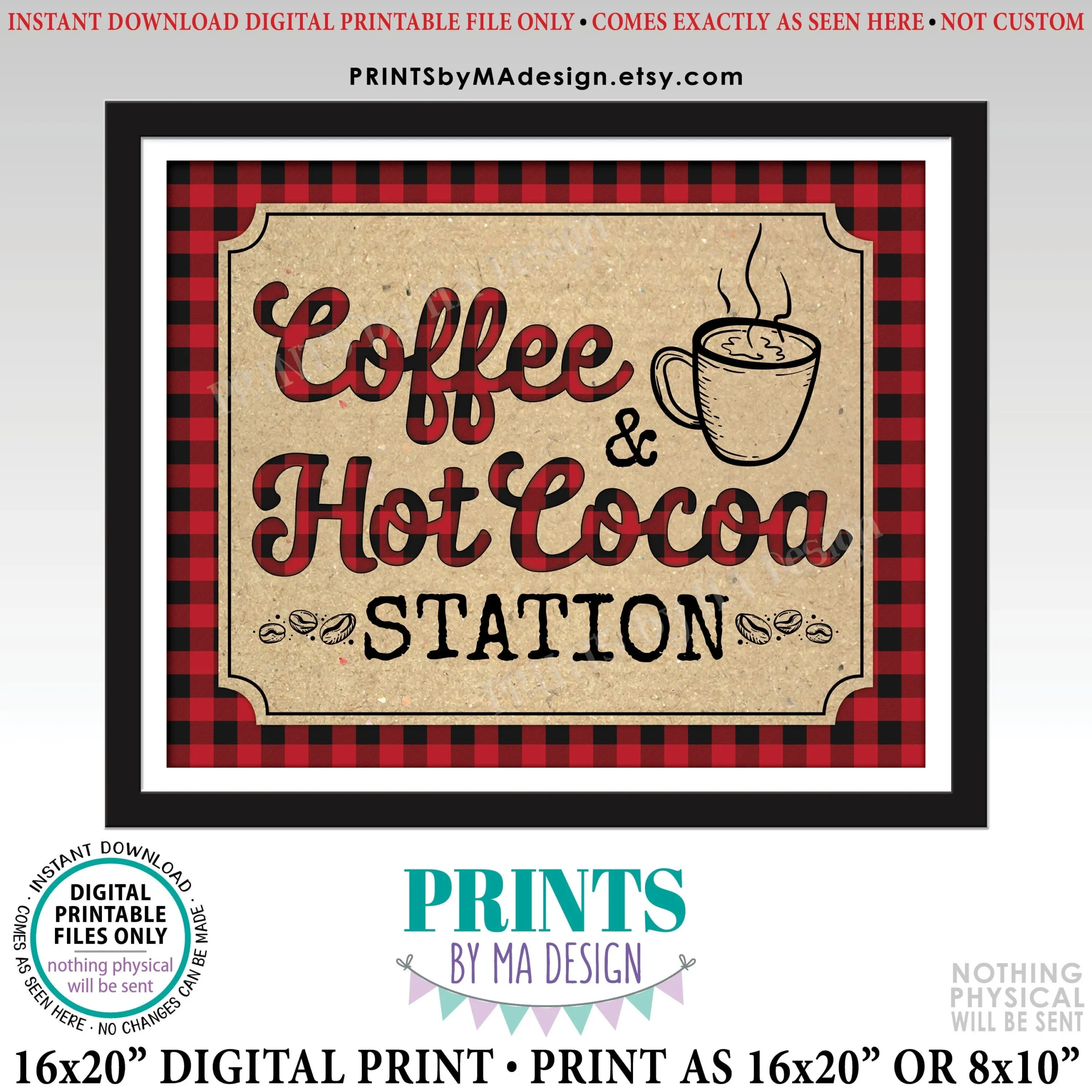 Coffee And Hot Cocoa Station Sign Red Checker Coffee Bar Hot Beverages Chocolate PRINTABLE 8x10 16x20 Buffalo Plaid Lumberjack Sign id Etsy