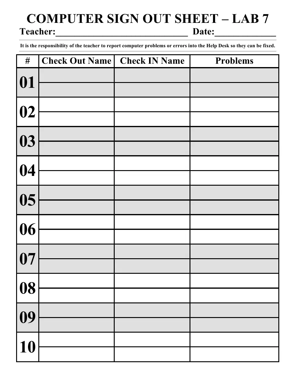 Computer Sign Out Sheet Template For Teachers Download Printable PDF Templateroller
