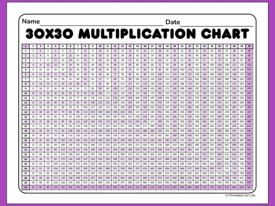 Free Multiplication Chart 30x30 Printable PDF