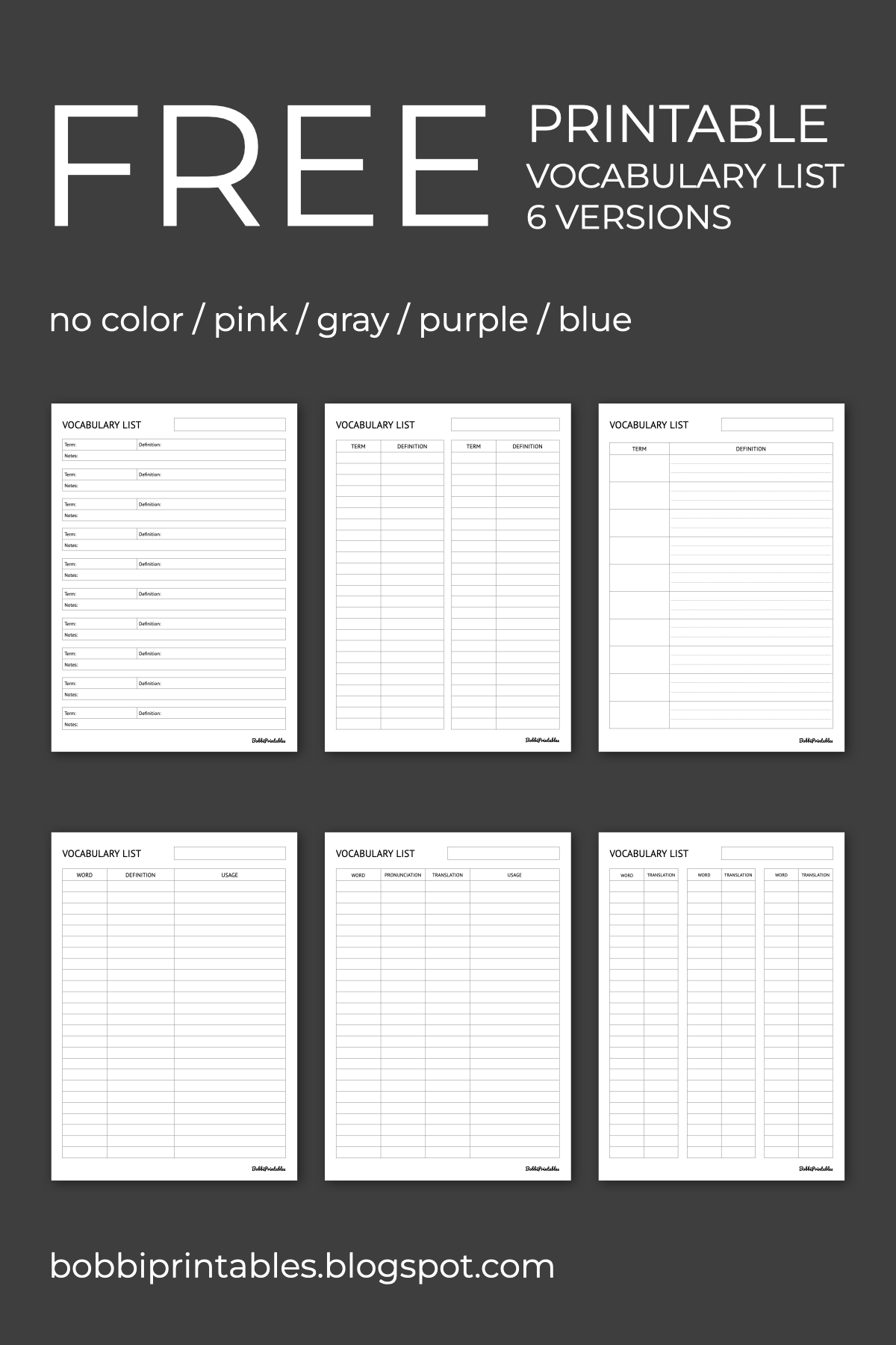 Free Printable Vocabulary Lists