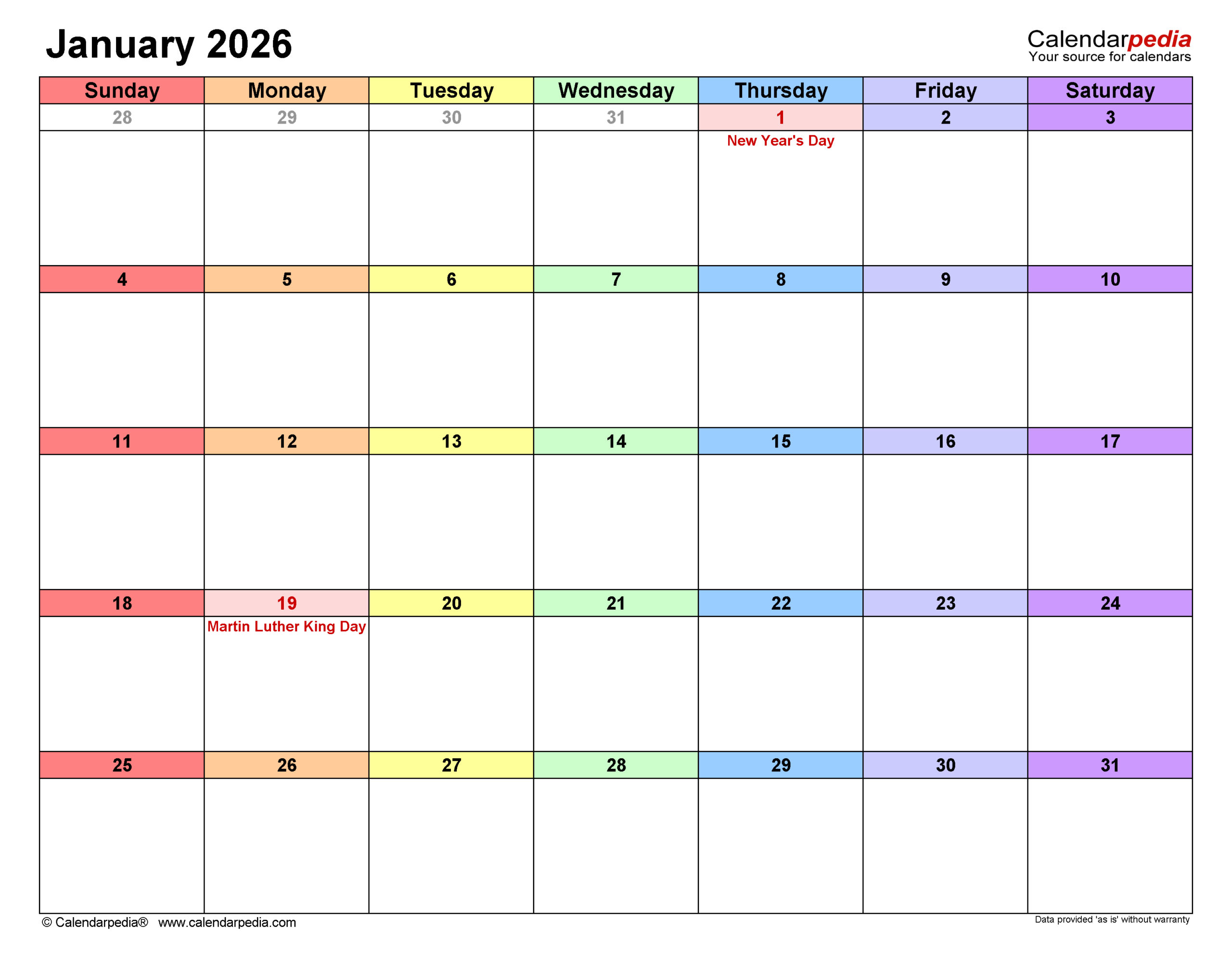 January 2026 Calendar Templates For PDF Excel And Word