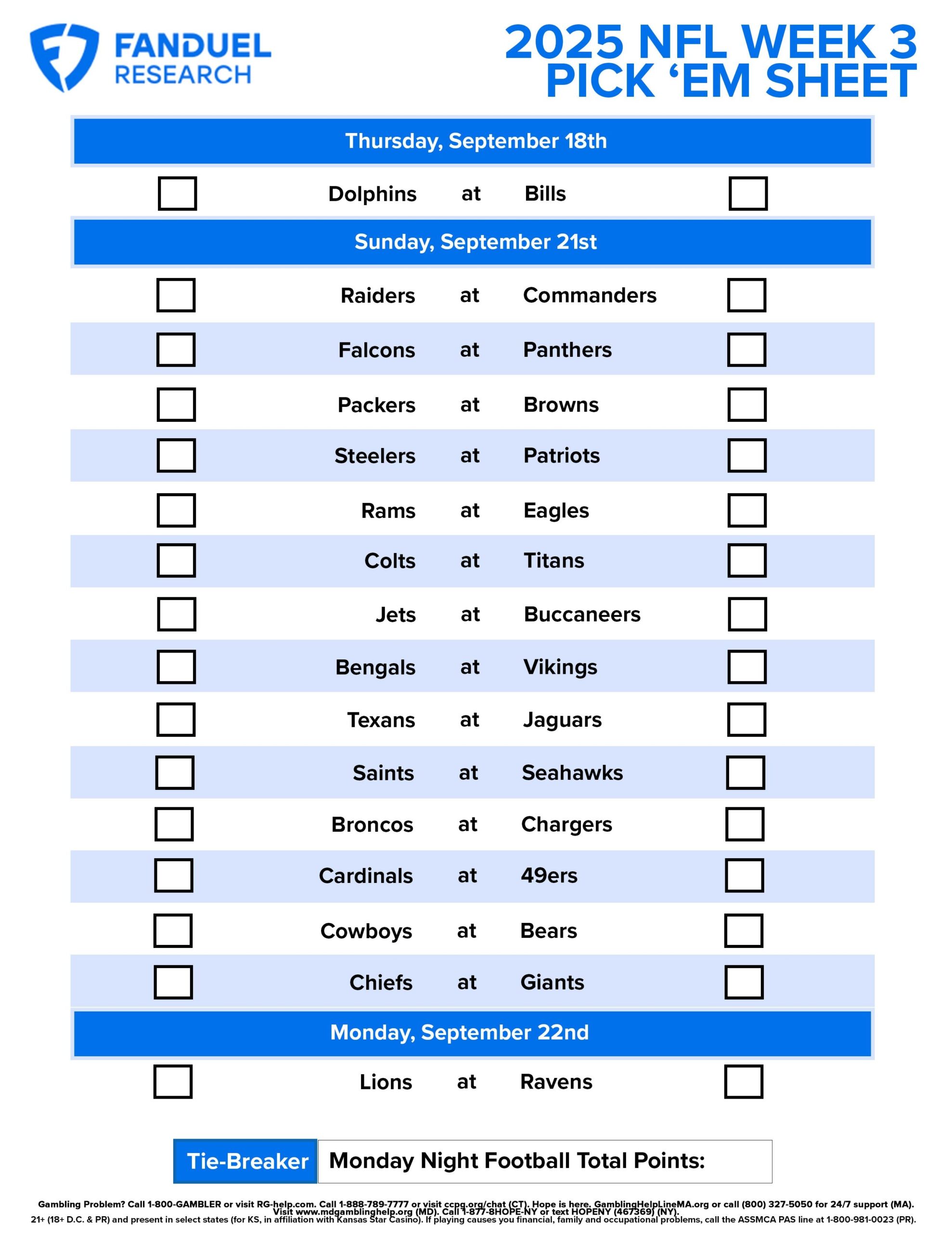 NFL Week 3 Pick Em Sheet Free Printable Schedule And Betting Odds FanDuel Research NFL Week 3 Pick Em Sheet Free Printable Schedule And Betting Odds FanDuel Research