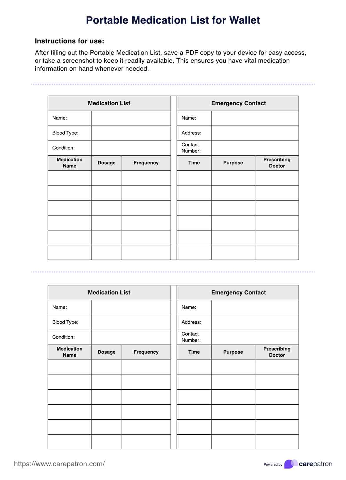 Free Printable Medication Card List