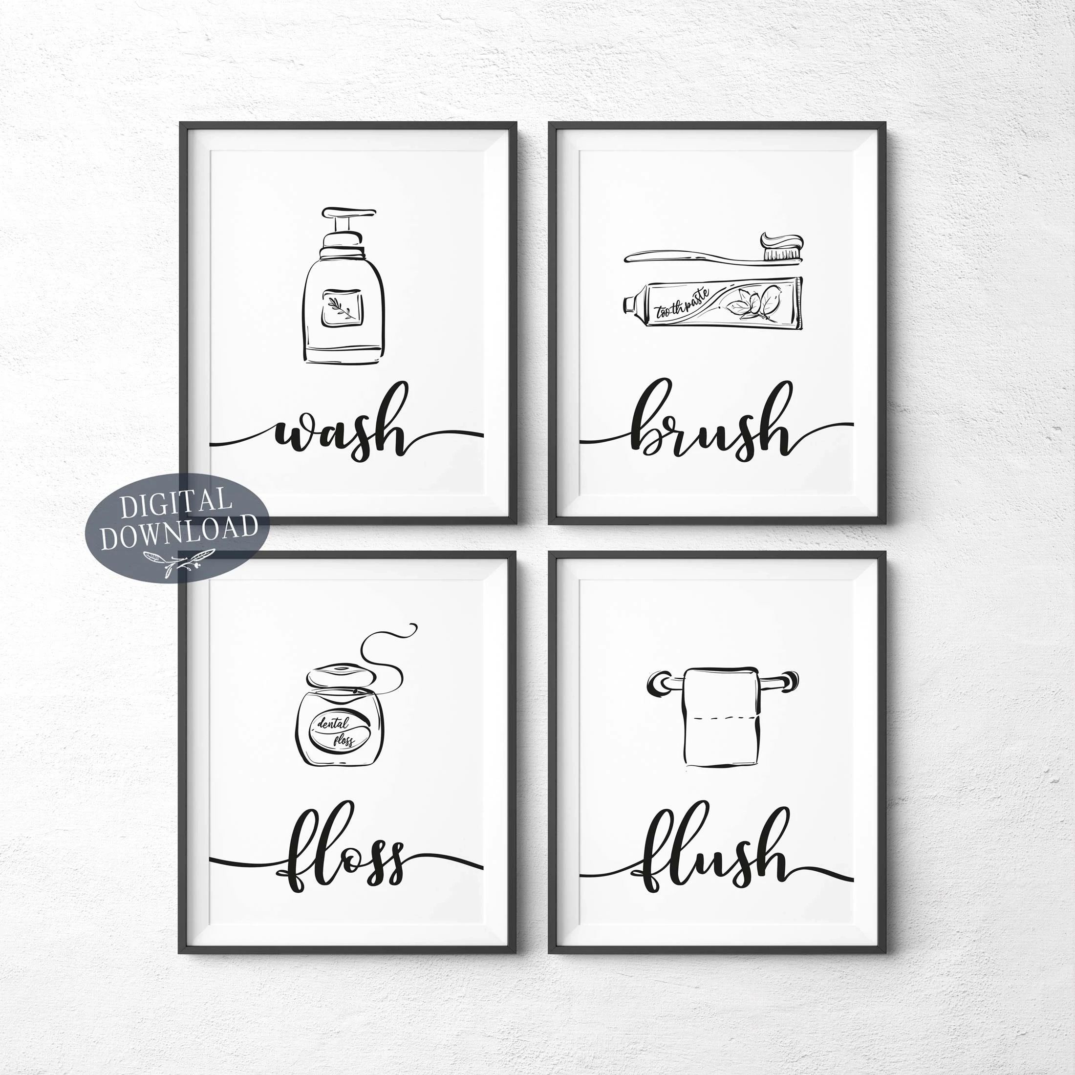 Printable Bathroom Wall Decor Wash Brush Floss Flush Black And White Printable Wall Art Bathroom Sign Gallery Wall Set Of 4 Prints Etsy