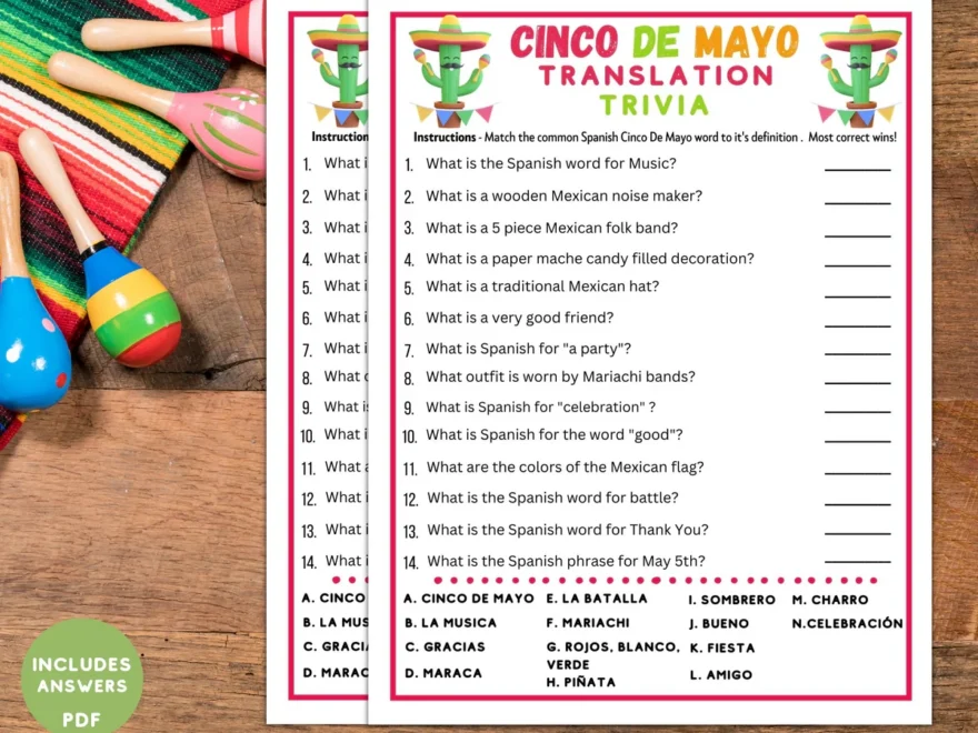 Printable Cinco De Mayo Spanish Trivia Game Quiz For Kids Adults Enjoymyprintables