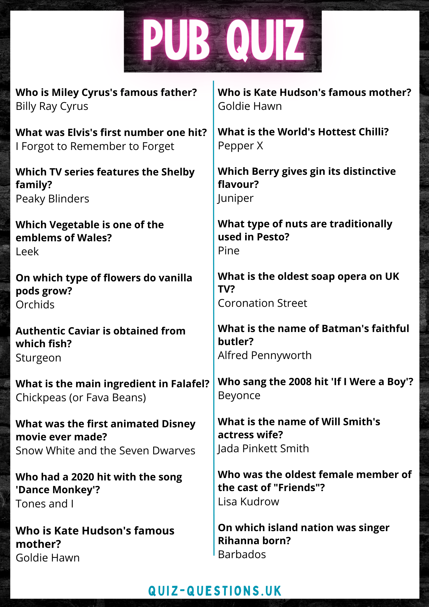 Pub Quiz Questions Printable