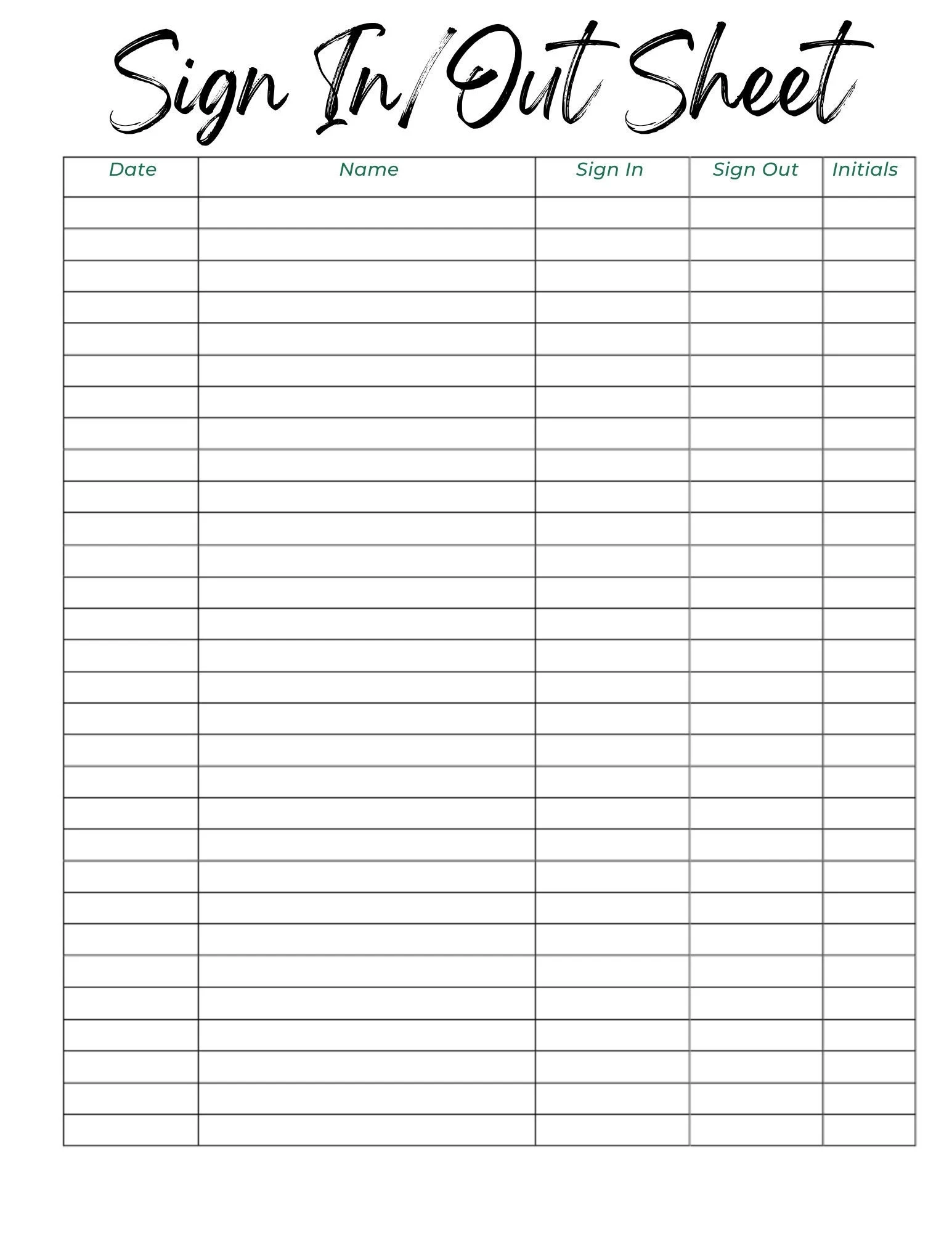 Printable Sign Out Sheet