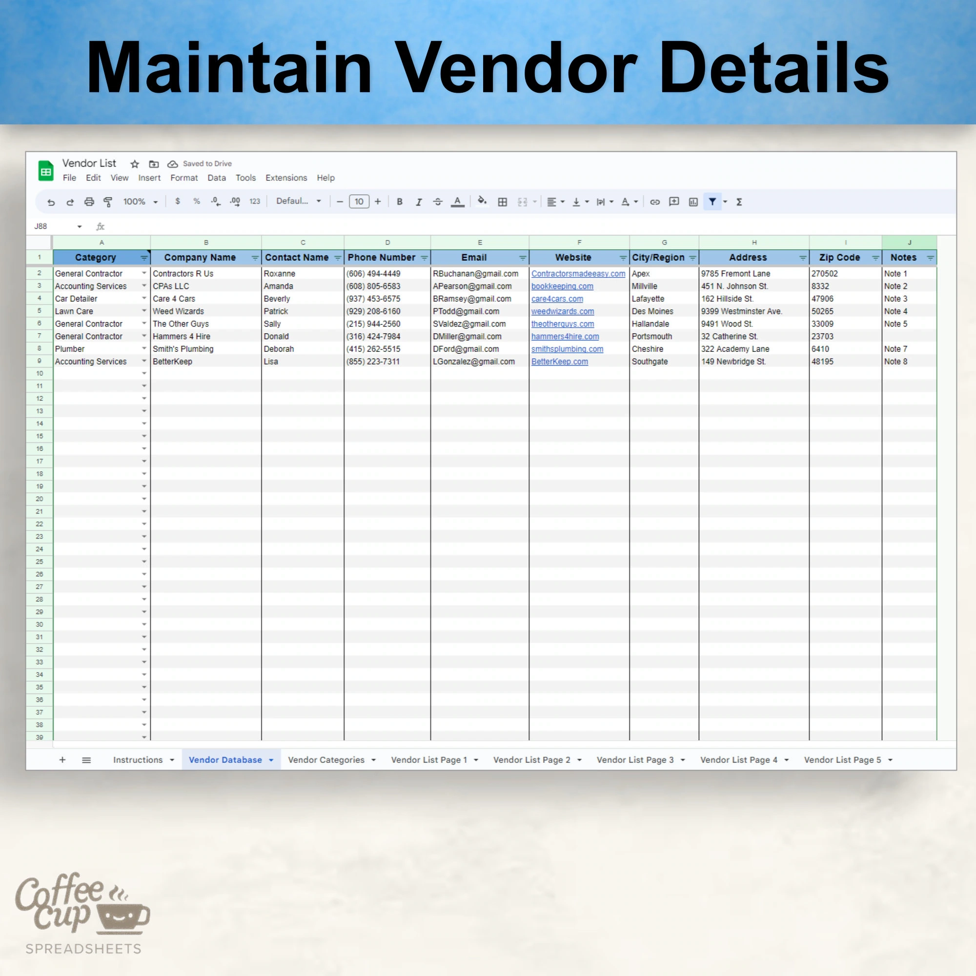Vendor Contact List Google Sheet And Excel Template Database Etsy Vendor Contact List Google Sheet And Excel Template Database Etsy