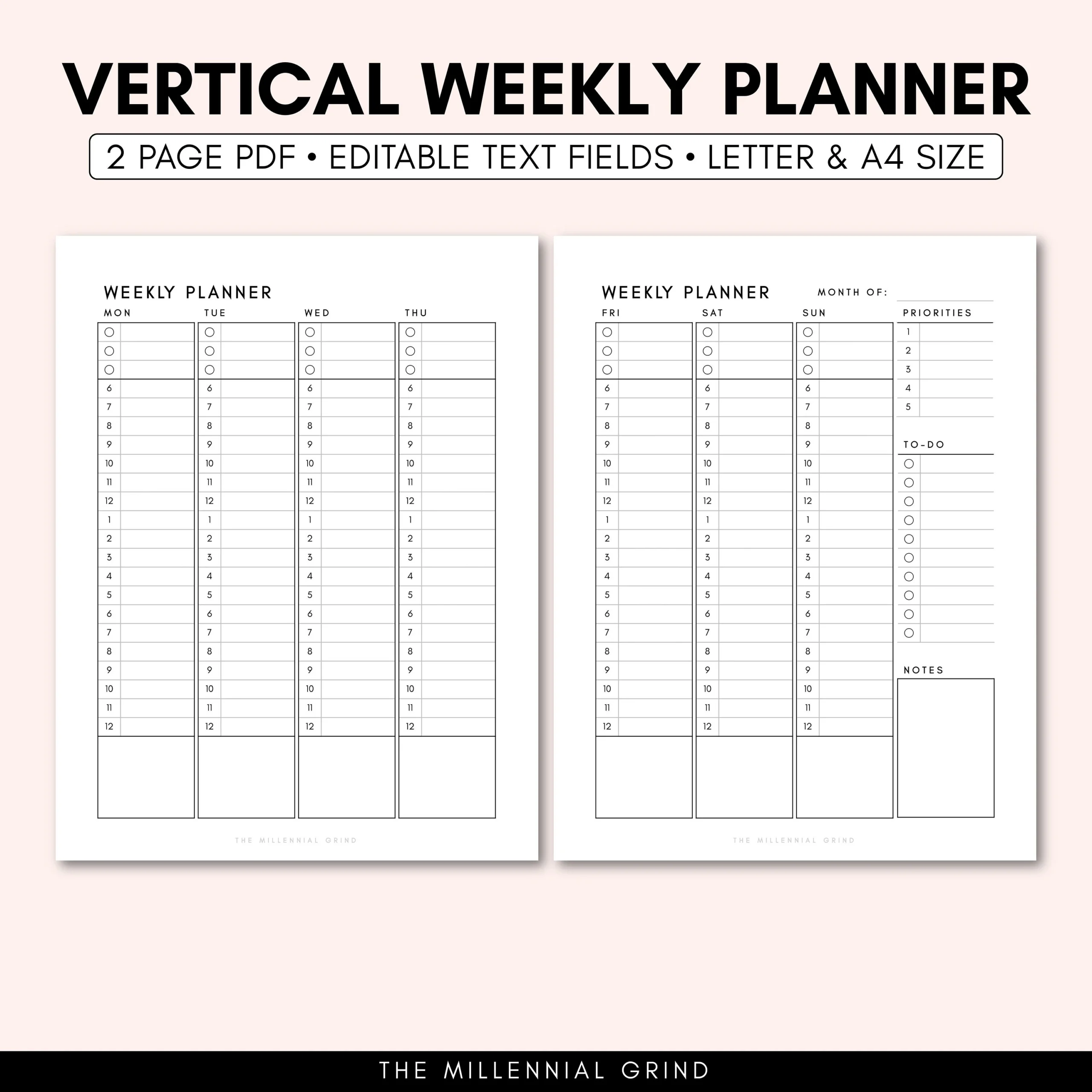 Vertical Weekly Planner Printable Vertical Weekly Planner Insert Vertical Weekly Planner Vertical Weekly Planner Editable Template Etsy