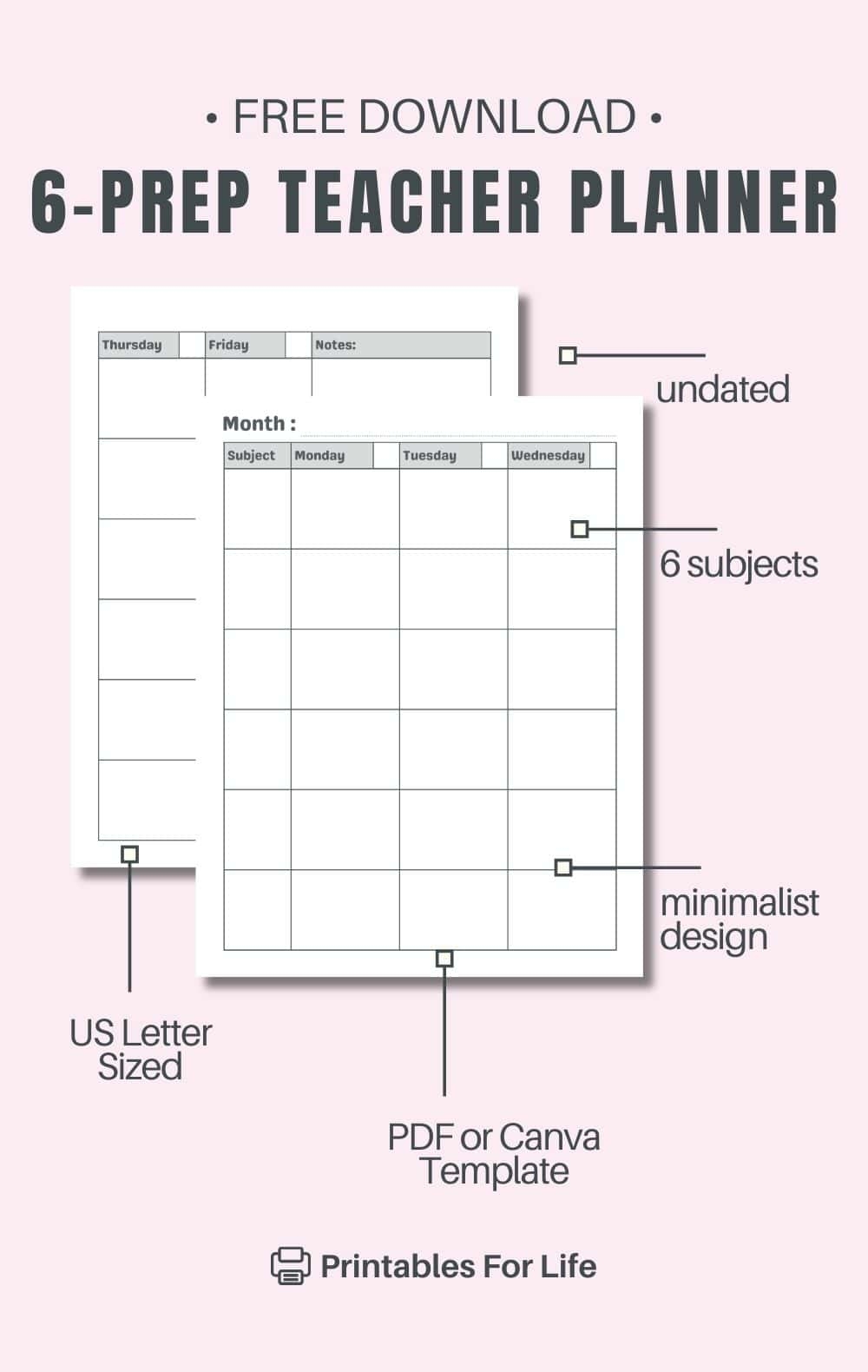 Weekly 6 Prep Teacher Lesson Planner Free PDF Download 